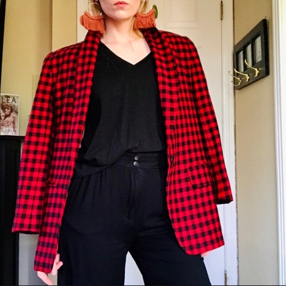 🌲 Vintage Wool Red & Black Check / Plaid Blazer - Picture 3 of 13